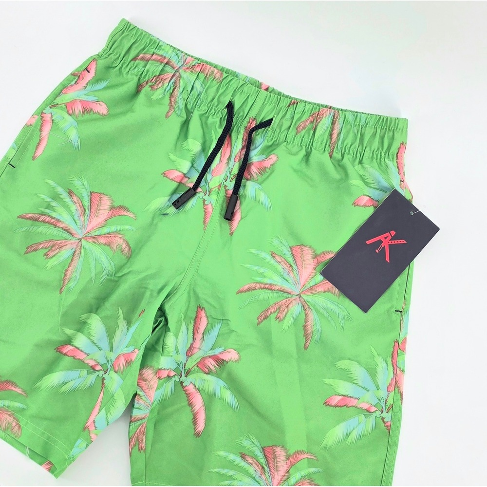 AK Tropical Palm Tree Swim Trunks Size Large Mens Green Pink Relaxed Vacation